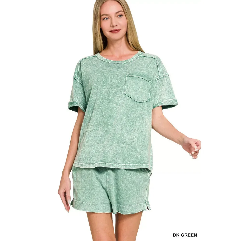Zenana Halo Snow Washed Exposed Seam Top & Shorts Set